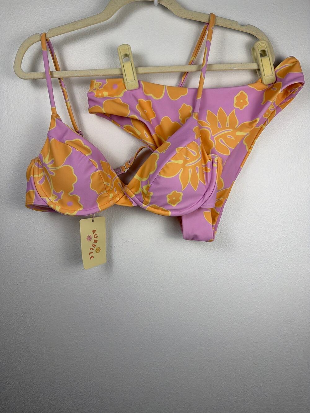 NWT Aurelle Kiva Swim Pink & Yellow Tropical Floral Bikini Set | Size Large